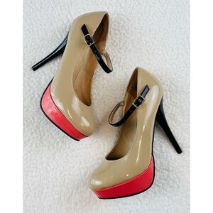 MOSSIMO • Nude/Black/Salmon Colorblock Rounded Toe Platform Stiletto Pumps, 6